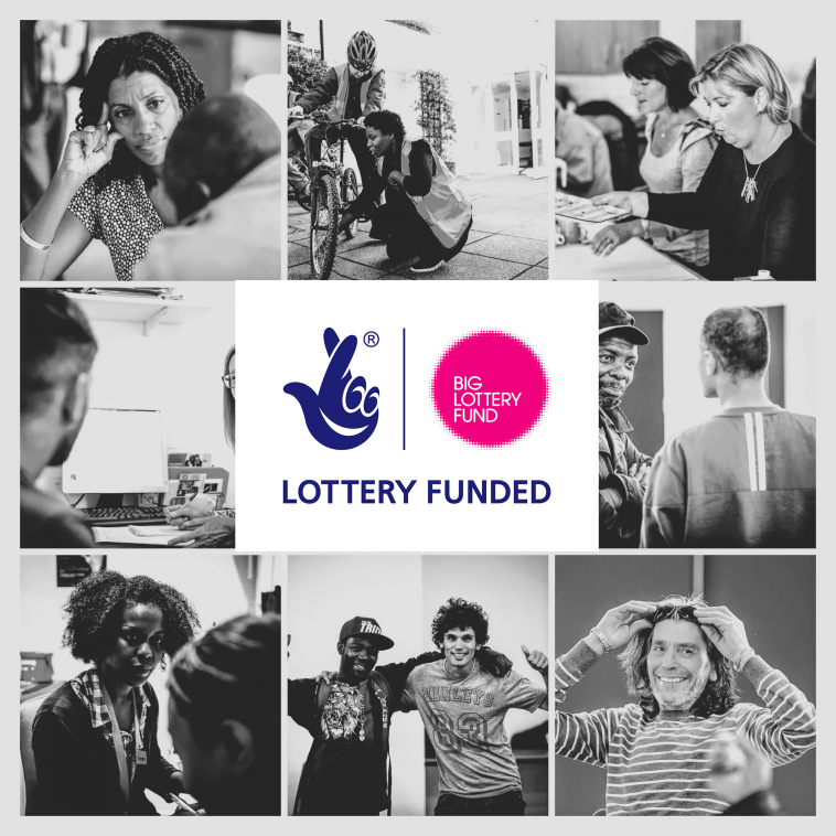 Collage of images representing the ways we help homeless people with Big Lottery Fund logo overlay