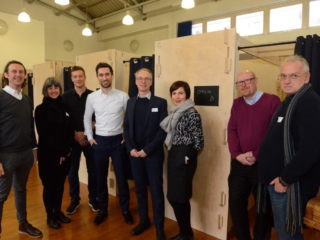 Official launch of pods at 999 Club Mayor Damien Egan (centre) with representatives from Reed Watts architects, Aldworth James and Bond, 999 Club, Commonweal Housing and Nick, who uses the Night Shelter.